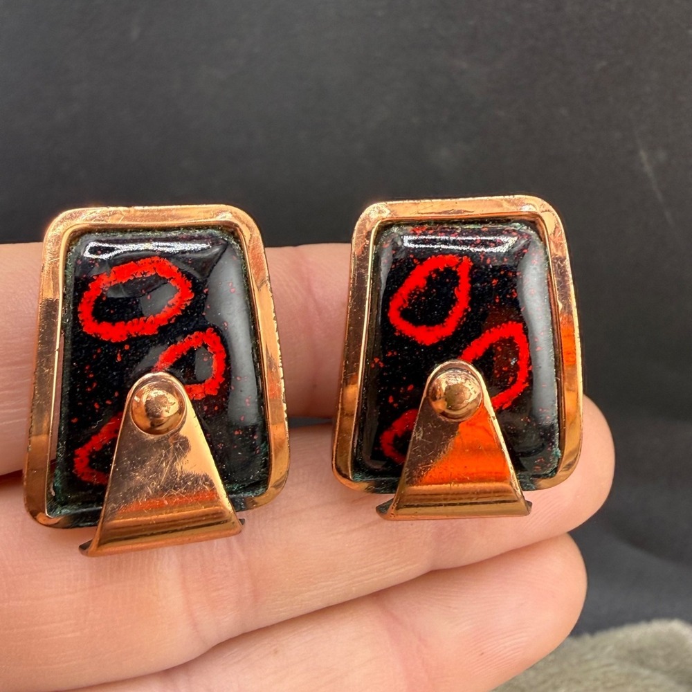 Vintage Matisse‎ Renoir Clip On Earrings Red Copper Enamel